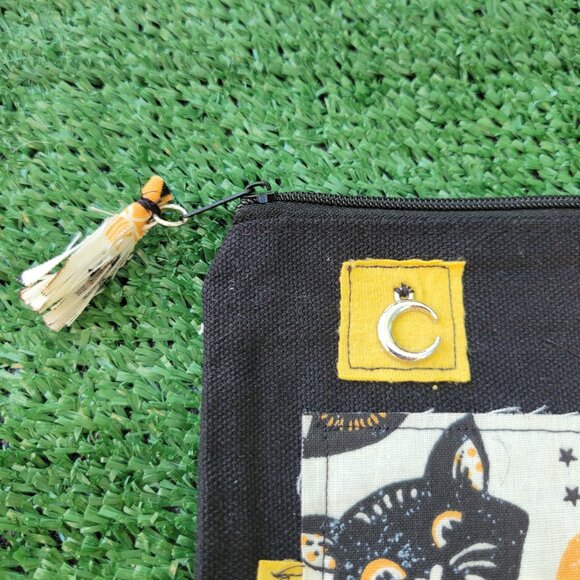 Handmade Black Canvas Zippered Bag with Patchwork Halloween Design - Picture 3 of 3